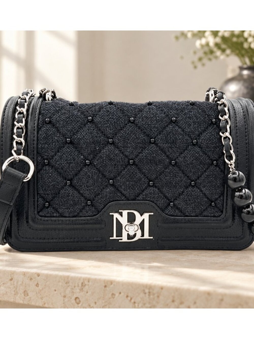 Badgley Mischka BM-4150 Black Denim Diamond Quilted Pearl Crossbody Black/Black